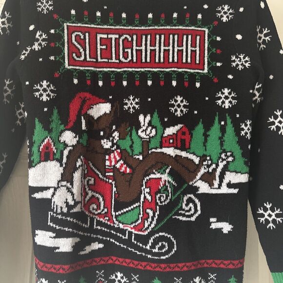Well Worn Other - Ugly Christmas Big Kid Holiday Sweater Sz Large Cat Sleigh Funny Festive Party